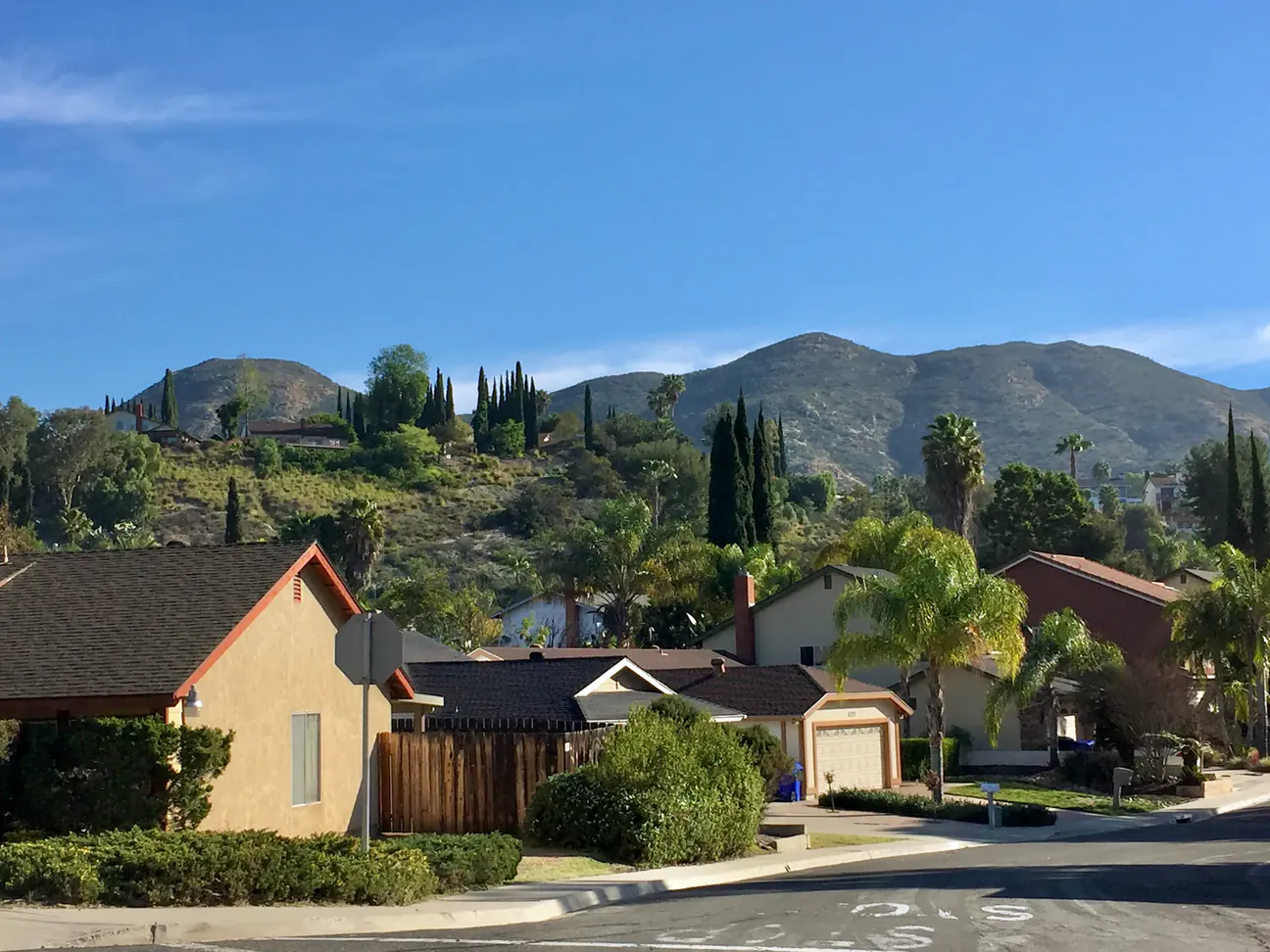 A street of single-story stucco homes with palm trees below dry hills