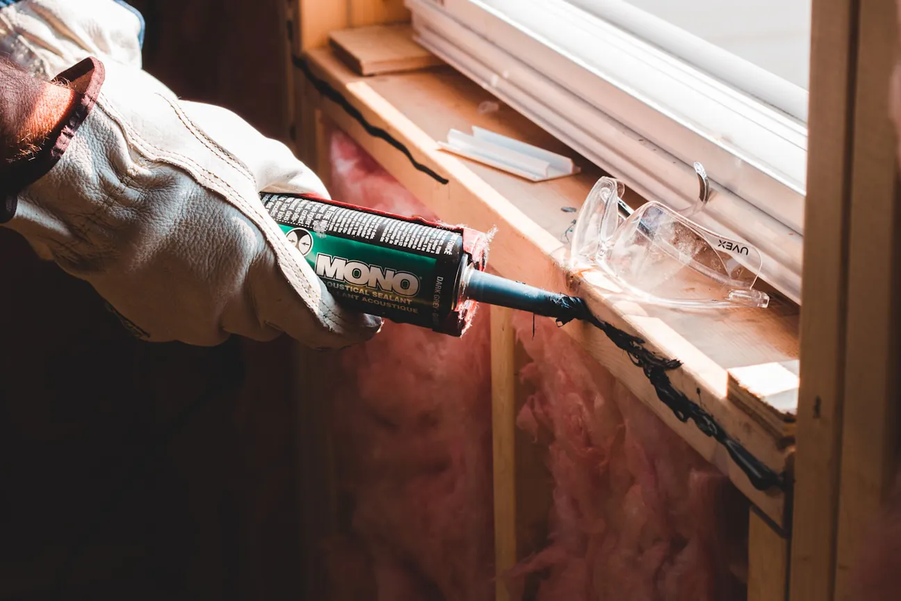 A gloved hand running a bead of sealant along a wood window frame