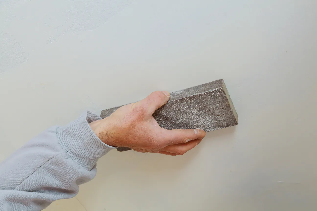 A sanding block smoothing a drywall patch flat against a wall